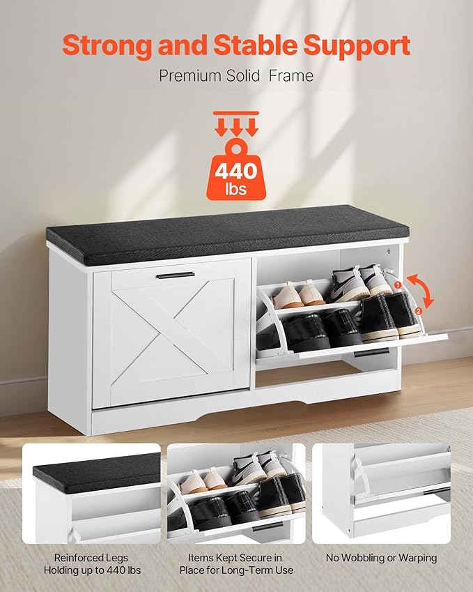 VEVOR Shoe Storage Bench with 2 Flip Drawers & Padded Cushion, Entryway Bench with Adjustable Shelves, Holds up to 440 lbs, 39.4 x 12.0 x 18.7 Inches, for Entryway, Hallway, Living Room, Bedroom