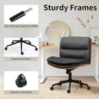 Armless Modern Walnut Office Desk Chair with Wheels, PU Leather Adjustable Wide Swivel Task Chair, Ergonomic Cross Legged Computer Chair for Conference Room, Home Office (Black)
