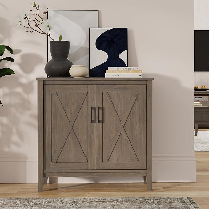 SIMPLIHOME Ela Solid Wood 32 inch Wide Transitional Low Storage Cabinet in Smoky Brown for The Living Room, Entryway and Family Room