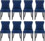 Velvet Upholstered Dining Chairs Set of 8, Modern Style Kitchen Side Chairs with Nailhead Trim and Wood Legs,Metal Pulling Ring for Dining Room Living Room(Blue)