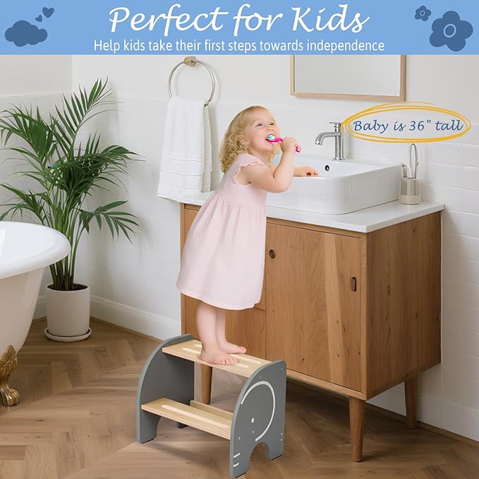Wooden Step Stool - Two Step Stools Toddler 250 lbs Capacity with Safety Non-Slip Pads - Potty Training Stool for Bathroom Sink, Bedroom, Kitchen Dual Height Step Stools for Kids(Elephant|Gray)