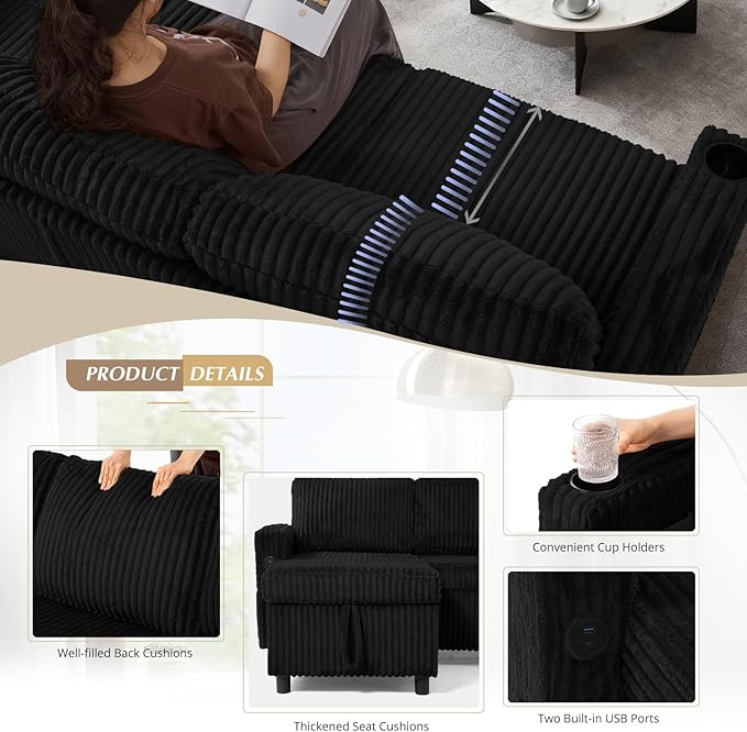 110" Corduroy Pull Out Sofa Bed w/Adjustable Backrests, Sectional U-Shape Sleeper Sofa w/Storage Chaise, Convertible Couch Bed w/USB Charging Port & Cup Holders for Living Room, House, Black