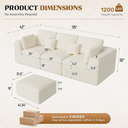 115" Cloud Boneless Sectional Couch, Deep Seat L Shaped Modular Couch with Ottoman, Oversized Upholstered Convertible 4 Seater Modular Sofa for Living Room,Beige Chenille