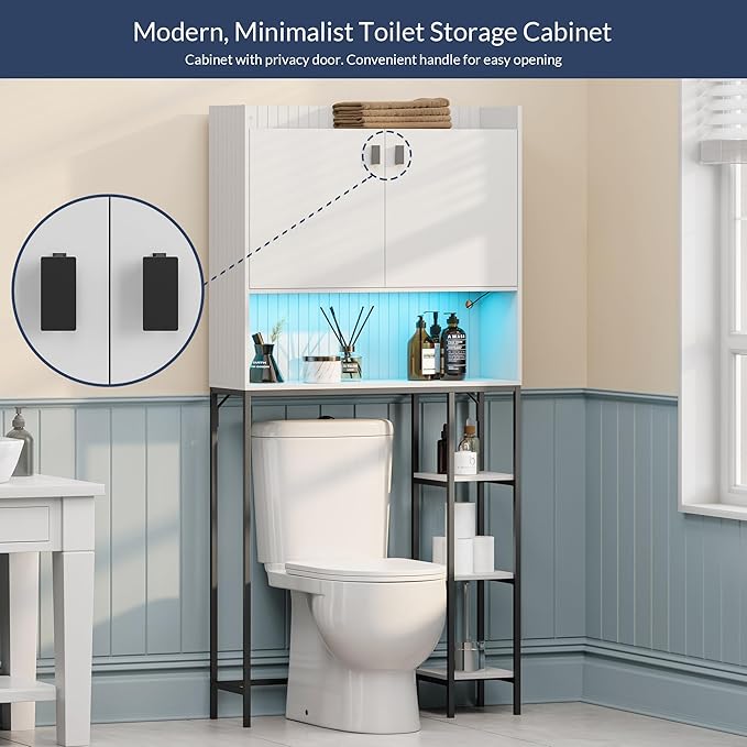 BELLEZE Freestanding Above Toilet Rack with LED Light, Over The Toilet Storage Cabinet with Adjustable Shelf, Bathroom Space Savers Anti-Tipping Device Included - Murano (White)