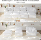 138" Boneless Cloud Couch Modular Sectional Sofa with Deep Seat for Living Room, L Shape Couch with Ottoman, Snowflake Cloth and 40D Memory Sponge，2 Throw Pillows (White, 4 Seater+4 Ottoman)