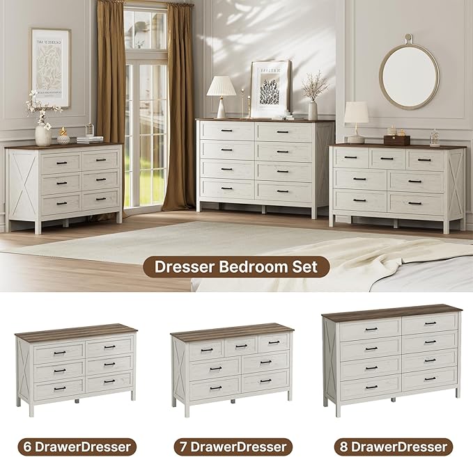 LYNSOM Farmhouse 8 Drawer Dresser for Bedroom, 55 Inch Wide Wood Rustic Chest of Drawers with X-Marking & Bar Handle, Large Storage Dressers Organizer for Bedroom, Living Room, Antique White