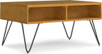 SIMPLIHOME Hunter Small Lift Top Coffee Table - 36 inch Wide Solid Oak Veneer and Metal Industrial Cocktail Table in Oak, Living Room Table with Hidden Storage, 2 Cubbies, and Hairpin Legs
