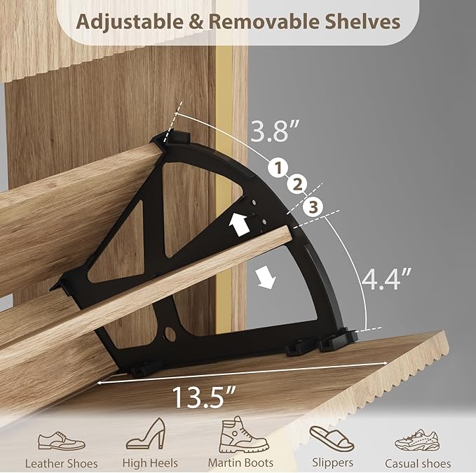 Fluted Shoe Storage Cabinet with 4 Flip Drawers & 2 Drawers, Freestanding Hidden Shoe Organizer with Adjustable Shelves, Wood Narrow Shoe Rack Cabinet for Entryway, Foyer, Hallway, Natural Oak