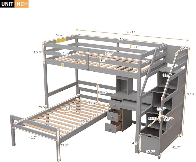 Twin Size Solid Wood Loft Bed with Storage Staircase and Desk, Bedroom Multifunctional Separable Bed Frame w/Shelves & Drawers,No Box Spring Needed,for Adult Kid Boy Girl,Gray