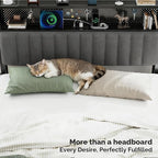 VINGLI King Size Headboard Only, Adjustable Upholstered Headboard with 2 Tier Shelves and Pegboard with Charging Stations and LED Lights, Modern Bed Headboard with Storage for Bedroom Decor
