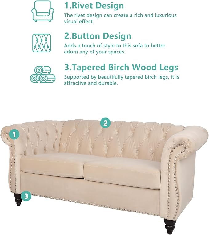 2 Piece Living Room Furniture Set, Velvet Loveseat and Chair Set, Mid Century Modern Upholstered Sofa Couch with Cushions, Comfy Tufted Chesterfield Couches for Living Room, Bedroom, Office