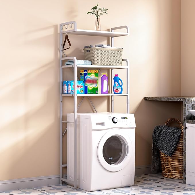 Over The Toilet Storage Rack with 3-Tier Bathroom Shelves, Space Saver Toilet Shelf, Bathroom Storage Organizer with Hooks for Over Toilet Storage and Shelf (White)