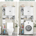 Over The Toilet Storage Cabinet with 2 Barn Door and Toilet Paper Holder Stand, Adjustable Shelf, Freestanding Organizer for Bathroom, or Laundry Room, White