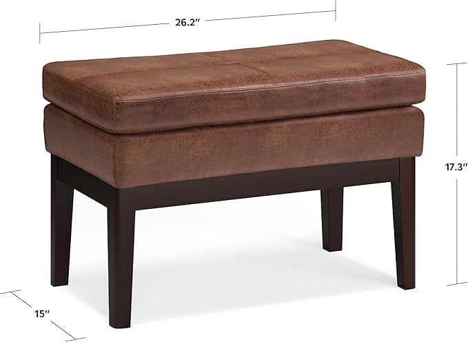 SIMPLIHOME Carlson 2-inch Wide Vegan Faux Leather Small Ottoman Bench in Distressed Black with Solid Wood Frame for Living Room, Entryway, or Bedroom