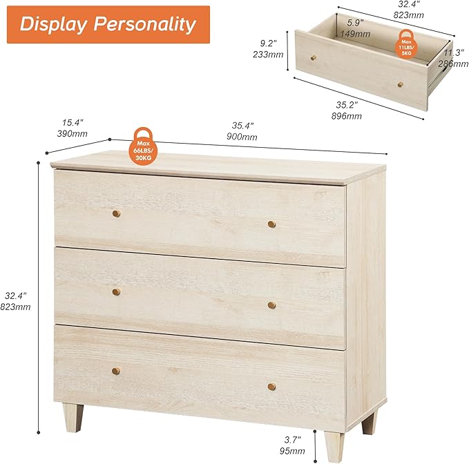 WAMPAT 3-Drawer Kids Dresser for Bedroom, Modern Small Chest of Drawers with Gold Knobs, 35 Inch Wide Light Oak Wood Children Dresser for Baby Room, Nursery, Living Room