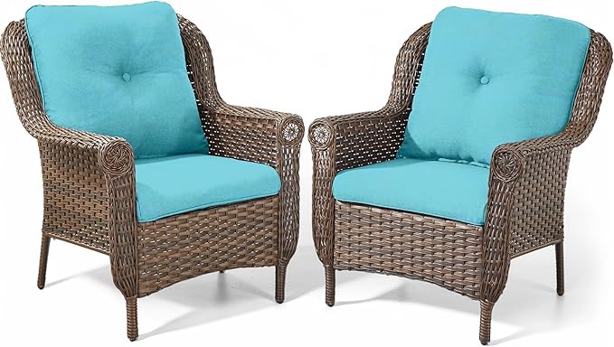 Patio Wicker Chairs Outdoor Furniture Chair - Set of 2 Outside All Weather Lawn Dining Brown Rattan Armchair with High Back&Deep Seating for Deck Porch Balcony Backyard Garden - Turqoise