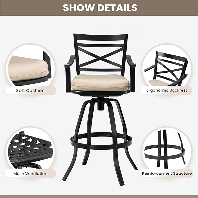 Pellebant 30" Sunbrella Outdoor Bar Stools Set of 6, Aluminum Swivel Patio Bar Height Bar Stools with Back & Footrest, for Deck Lawn Garden(Canvas Antique Beige)