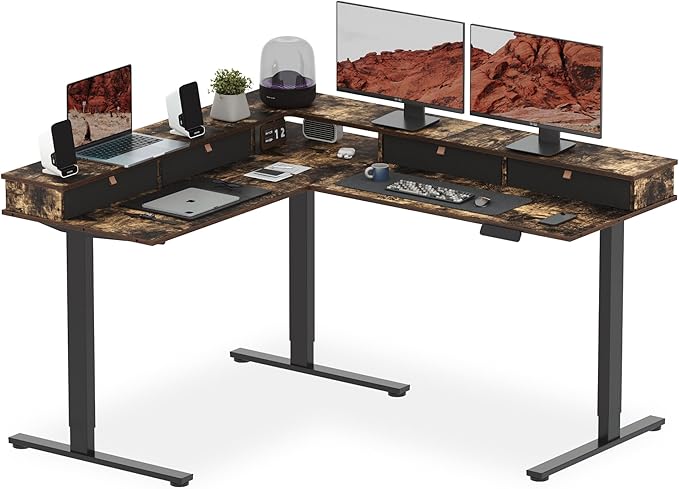 SANODESK 63" L Shaped Standing Desk with 4 Drawers, Height Adjustable Stand up Desk, Corner Gaming Desk with Monitor Stand, Black Frame/Rustic Brown Top