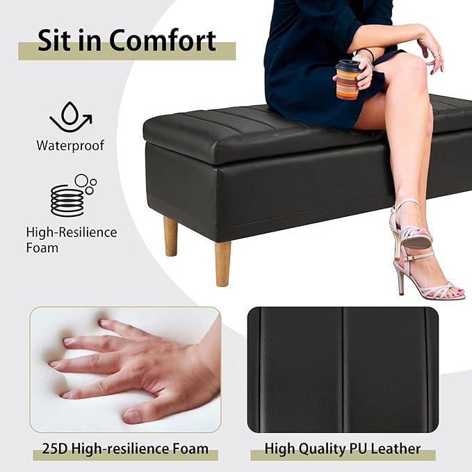 VECELO 44.5" Storage Ottoman Bench, End of Bed Bench with 2 Machined Gas Spring Lid Supports, PU Leather Upholstery & Solid Wood Legs for Living Room, Bedroom, Entryway, Modern Black