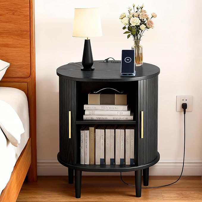 Nightstands Set of 2 & Charging Station, Fluted Accent Side Table with Sliding Door & Adjustable Shelf, Mid-Century Modern End Table for Small Space, Living Room, Bedroom (2, Black)