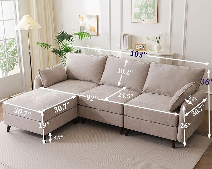 104'' Modular Sectional Sofa with All Seats Storage, Oversized L Shaped Couch for Living Room,3-Seater Comfy Cloud Couches with Movable Ottoman,Big Sectional for Bedroom,Velet,Khaki