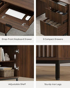 55" Fluted Executive Desk, Modern Home Office Desk with Charging Station, Keyboard Tray, File Drawer, Storage Cabinet, Wood Computer Writing Desk for Work Study Writing, Browm