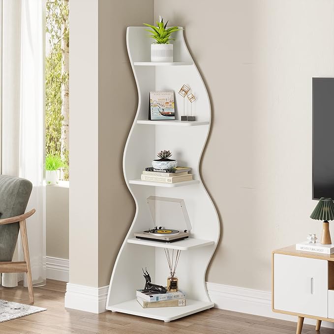 Tribesigns Corner Shelf, Modern 5-Tier Wall Corner Bookshelf, Stylish Corner Small Bookcase Storage Rack Plant Stand with Unique Shape for Living Room, Home Office (White, 1PC)