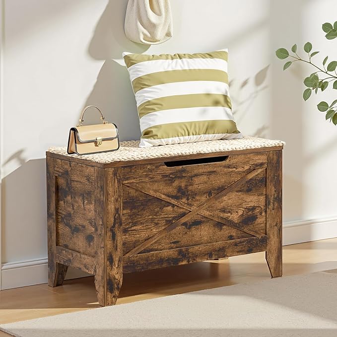 VECELO 30" Storage Bench, Entryway Shoe Ottoman, Farmhouse Style Bench with Handwoven Cushion and Metal Safety Hinges, for Bedroom, Living Room, Entryway, Brown
