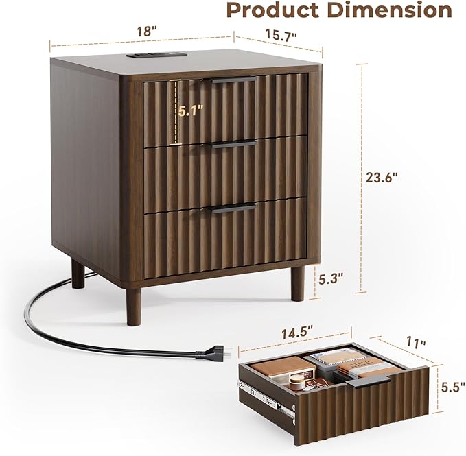 Fluted Nightstand Set of 2, Multifunctional 3 Drawers Storage Bedside Table with Charging Station, Wood Modern Nightstand, Curved Profile Design, End Table for Indoor Room Bedroom, Walnut