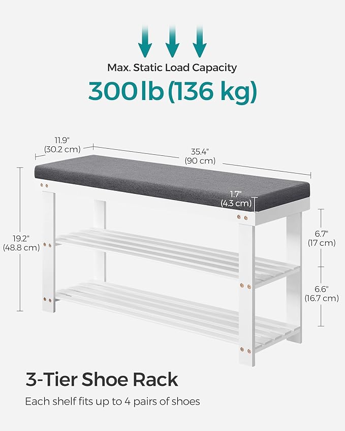 SONGMICS Bamboo Shoe Bench, 3-Tier Shoe Rack Organizer for Entryway, Living Room, Bench Seat Holds Up to 300 lb, 11.9 x 35.4 x 19.2 Inches, Cloud White and Slate Gray ULBS904W01