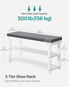 SONGMICS Bamboo Shoe Bench, 3-Tier Shoe Rack Organizer for Entryway, Living Room, Bench Seat Holds Up to 300 lb, 11.9 x 35.4 x 19.2 Inches, Cloud White and Slate Gray ULBS904W01