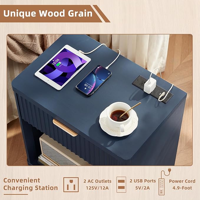 LEYAOYAO Fluted Nightstand with Charging Station, 23" Wide 1 Drawers Night Stand,Blue End Table with Open Storage,Farmhouse Bed Side Tables, Wood Dresser for Bedroom, Living Room, Closet