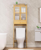Over The Toilet Storage Cabinet: Bathroom Organizer Shelf with 1 Drawer and 2 Doors - Bamboo Saver Space Freestanding Rack for Restroom