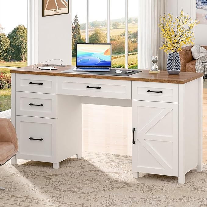 Farmhouse 61'' Executive Desk with 5 Drawers, Rustic Office Desk Computer Table with Charging Station, File Drawers and Storage Cabinet, Wood Workstation for Study and Home Office,(Unique White)
