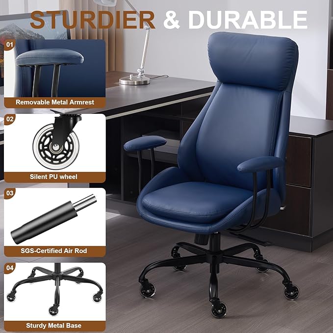 Home Office Desk Chair, PU Casters Ergonomic Computer Chair with Lumbar Support, Adjustable Height, 360°Rolling Swivel Chair, High Back Executive Task, Padded Armrests Chair, Blue Leather