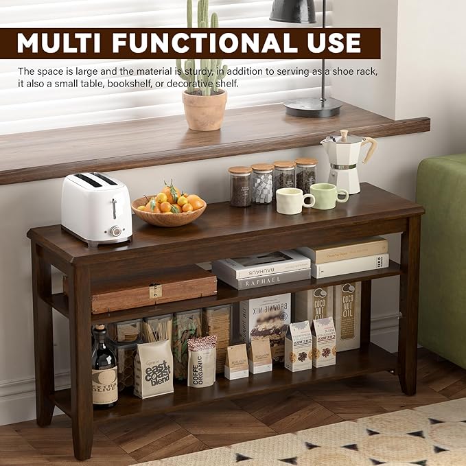 Shoe Bench Storage Rubberwood, Entryway Bench with 3-Tiers Height Adjustable, Shoe Rack Front Door Entrance Organizer for Hallway Living Room, Mudrooms, Walnut,39.4"