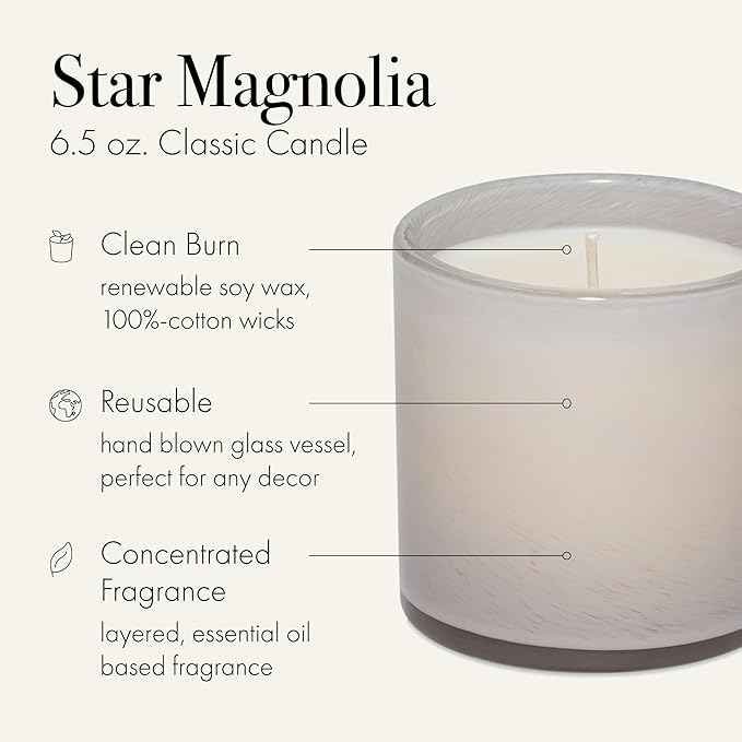 LAFCO New York Classic Candle, Star Magnolia - 6.5 oz - 50-Hour Burn Time - Reusable, Hand Blown Glass Vessel - Made in The USA