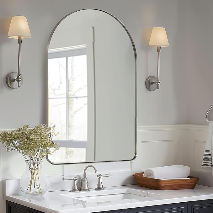 ANDY STAR Arched Mirror, 22 x 30 Inch Brushed Nickel Wall Mirror in Stainless Steel Metal Frame, Arch Top Rounded Corner 1 Inch Deep Set Design Wall Mount Hangs Vertical