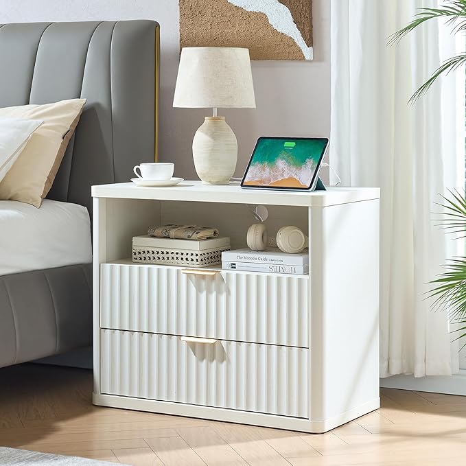 LEYAOYAO 31" Wide Fluted Nightstand with Charging Station, Oversized Extra Large 2 Drawers Night Stand,White Wood Bedside Table,Tall Bed Side End Tables,Modern Chest of Drawers Dressers for Bedroom