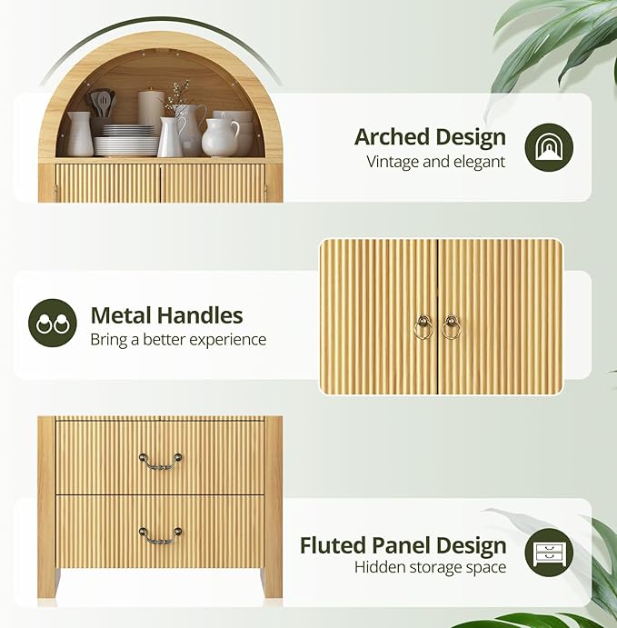 FURSUN 71" Tall Fluted Arched Bookshelf with Doors, Wood Pantry Storage Cabinet with 2 Large Drawers, Modern Versatile Bookcase for Living Room, Kitchen, Dining, Natural Oak