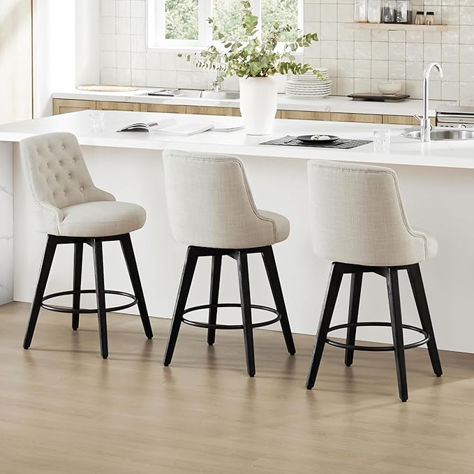 Watson & Whitely Counter Height Bar Stools Set of 3, Performance Fabric Upholstered Modern Swivel Barstool with Back, Solid Wood Legs, 26" H Seat, Linen