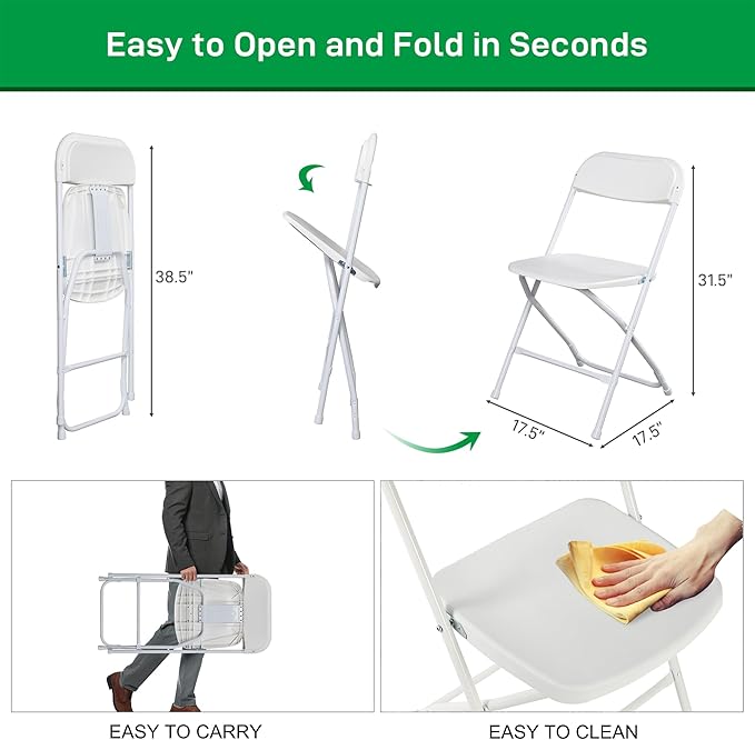 100 Pack White Plastic Folding Chairs, Portable Party Chairs, Stackable Commercial Seats with Steel Frame for Home Office Wedding Party Indoor Outdoor Events Chairs, 350lbs Capacity