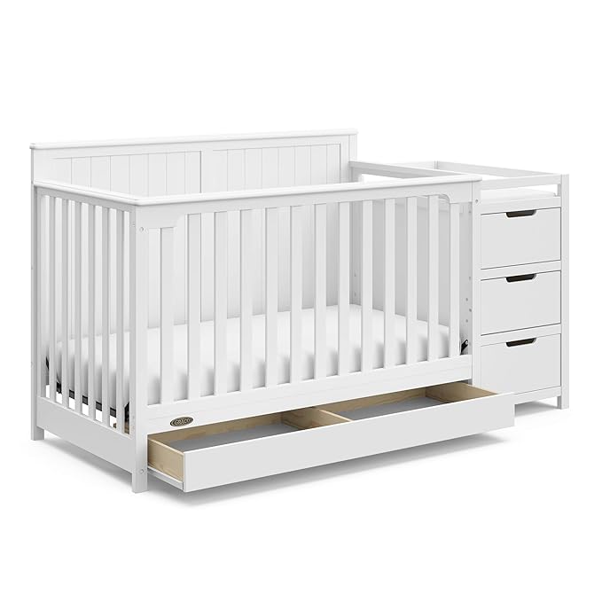 Graco Hadley 5-in-1 Convertible Crib & Changer (White) – GREENGUARD Gold Certified, Fits Standard Crib Mattress, Converts to Toddler Bed and Full Bed, 4 Adjustable Mattress Heights