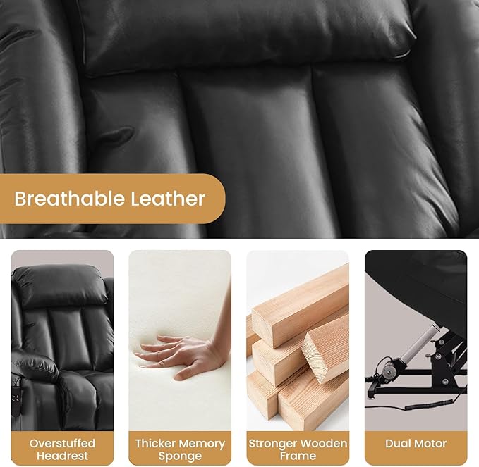TEKAMON Power Lift Recliner Chair for Elderly with Heat & Massage, Dual Motor Breathable Leather Recliner, Lay Flat Sleeping Chairs with Infinite Position, Remote Control & USB Type-c Ports(Black)