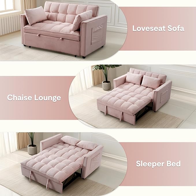 FLEXISPOT XCT4 Pull Out Couch for Small Spaces, 3-in-1 Convertible Loveseat Sofa Bed with Adjustable Backrest, Compact Futon Sofa Bed Twin Sleeper Loveseat for Apartment Dorm RV Guest Room,Pink