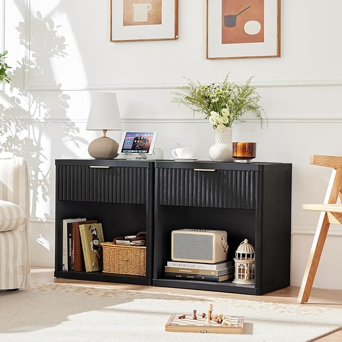 LEYAOYAO Fluted Farmhouse Nightstand Set of 2 with Charging Station, 23" Wide 1 Drawers End Table,Black Dresser for Bedroom,Bed Side Table Chest of Drawers Cabinet,Wood Night Stand for Living Room