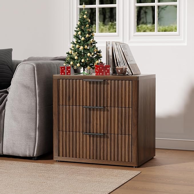 Night Stand with 3 Drawers, 23" Wide Modern Nightstand with Large Storage, Fluted Bed Side Table with Metal Handle, End Table Tall Nightstand for Bedroom, Living Room, Office, Walnut