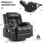 Power Swivel Rocker Recliner Chair with Heat and Massage, USB and Type-C Charging Port, Electric Glider Rocking Chairs, Oversized Recliner Chairs for Adults(Leather, Dark Brown)
