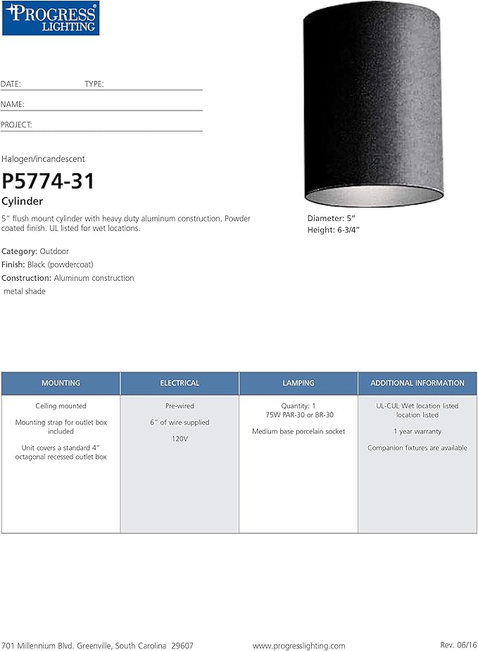 Progress Lighting 5-Inch Cylinder Outdoor Ceiling Light, 1-Light Modern Flush Mount Ceiling Light Fixture, Interior and Exterior Lighting for Home or Porch, Aluminum Construction, Black (P5774-31)