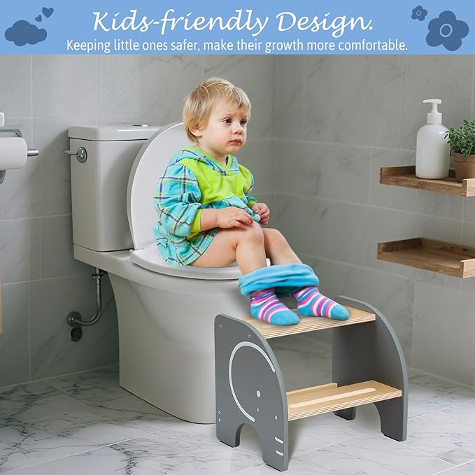 Wooden Step Stool - Two Step Stools Toddler 250 lbs Capacity with Safety Non-Slip Pads - Potty Training Stool for Bathroom Sink, Bedroom, Kitchen Dual Height Step Stools for Kids(Elephant|Gray)